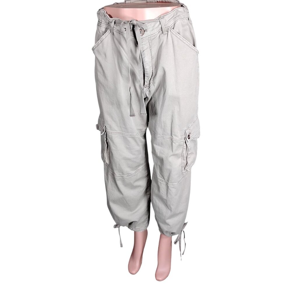 Anthro Pilcro Wide Legs Cargo Pants Size 32 P Waist Hems Drawstring Multi Pocket